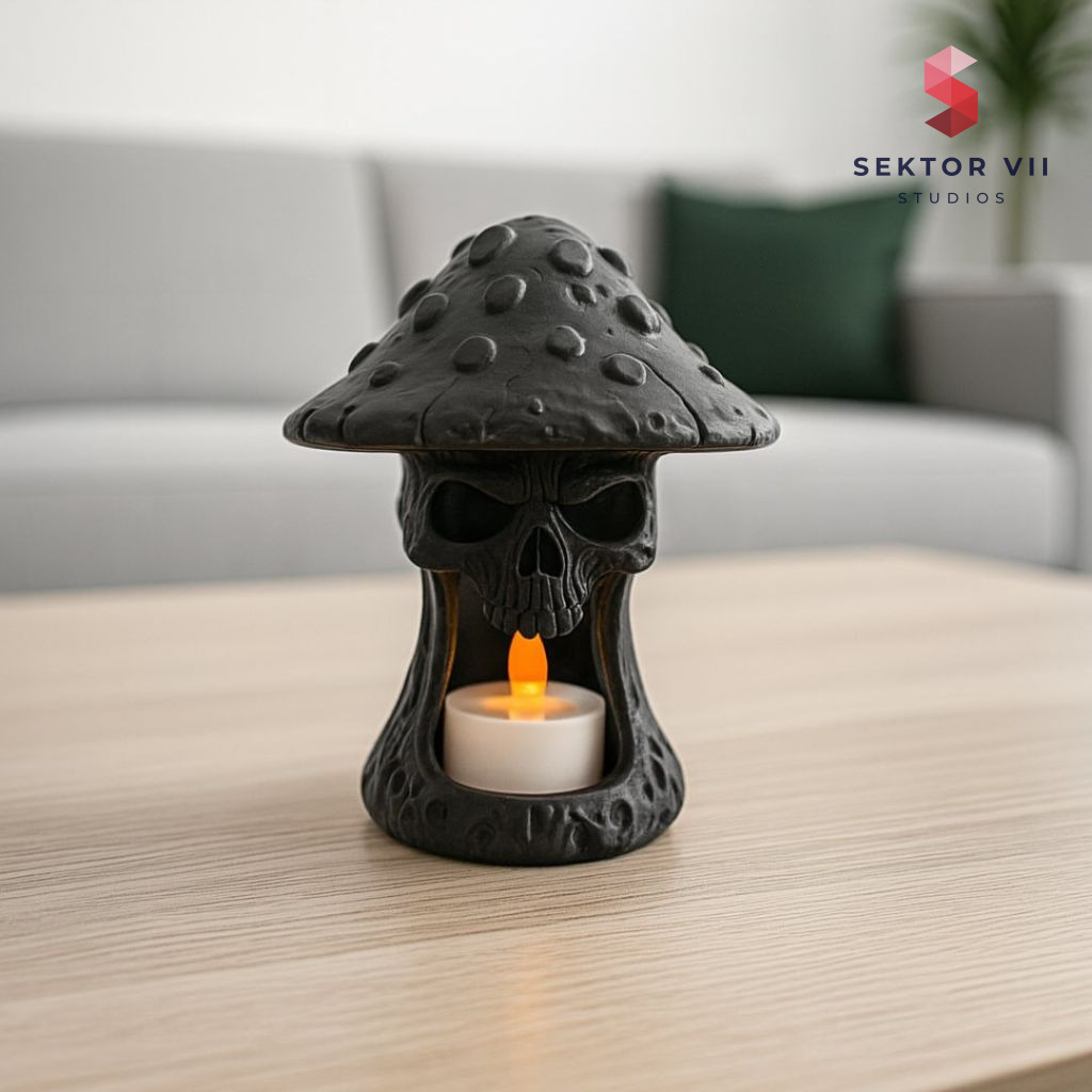 Skull mushroom tealight holder, an eerie strong glow