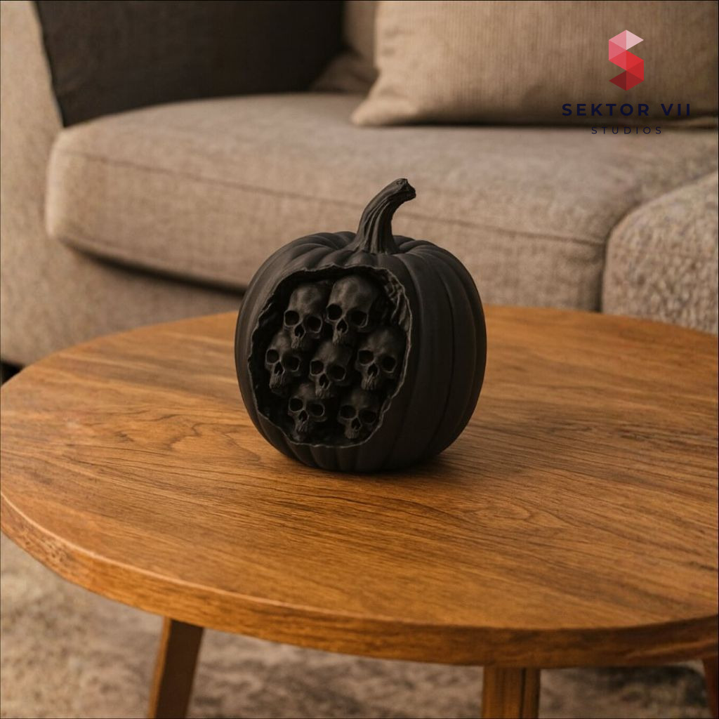 Gothic pumpkin skull sculpture, eerie and sturdy