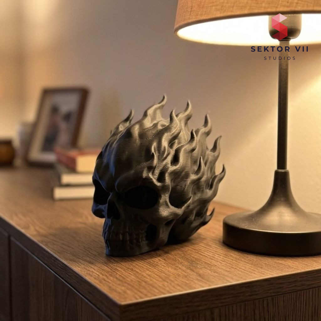 Flaming skull sculpture 3D print, a bold eerie centerpiece