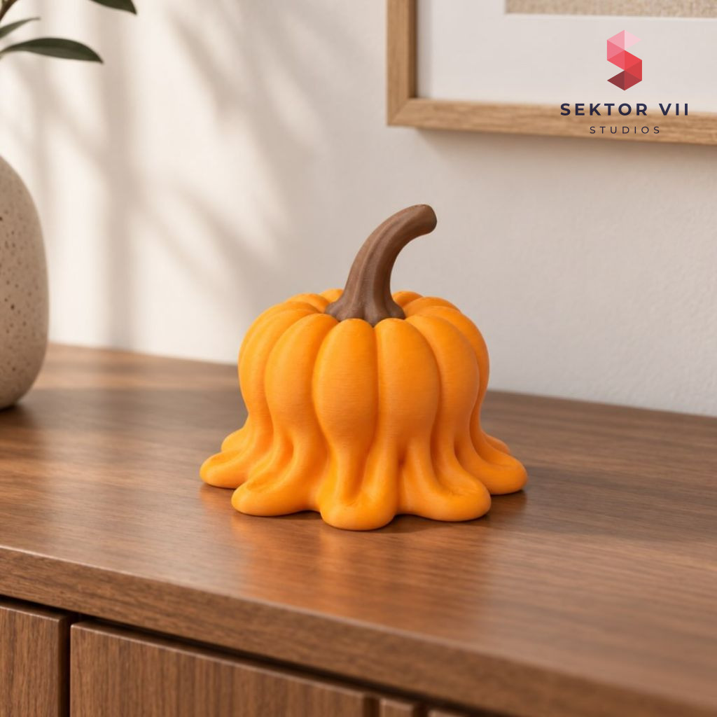 Melting pumpkin figurine 3D print, a playful eerie shelf piece